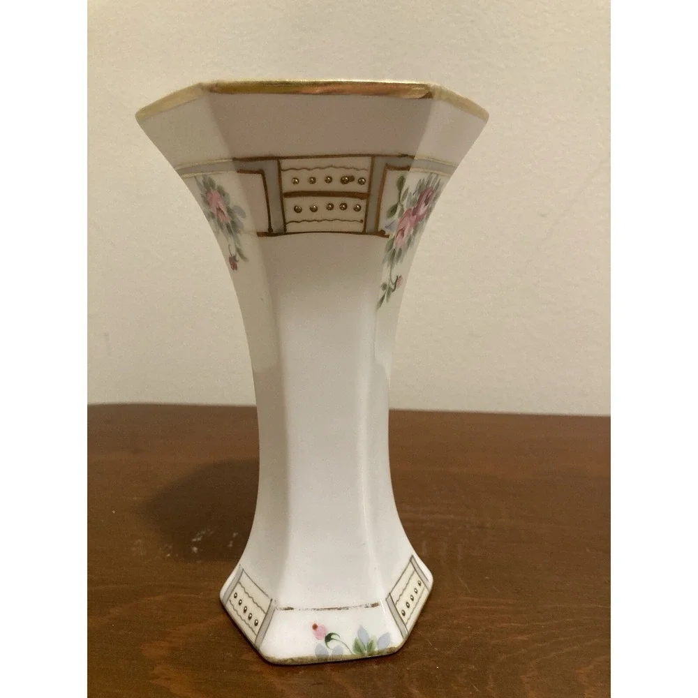 Vintage Hand Painted Porcelain Floral‎ Bud Vase Gold Gilt Moriage Hexagonal 6